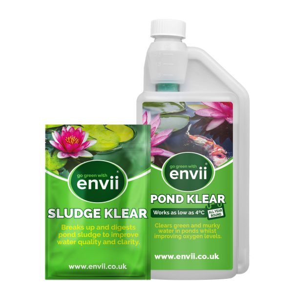 front view of Envii Pond Klear Xtra and Envii Sludge Klear packaging our green pond water cure